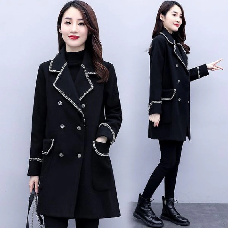 チェスターコートレディース秋冬チェスターコート黒ミディアム丈ラシャコート厚オーバーゆったりアウター通勤着痩せオシャレ大人