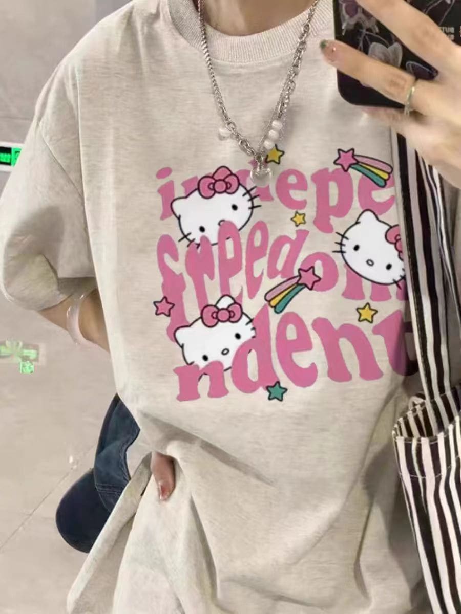 22.ハローキティ女性用半袖tシャツ2024年新作夏ナショナルファッションレトロピュアコットンオーバーサイズカップルトップス