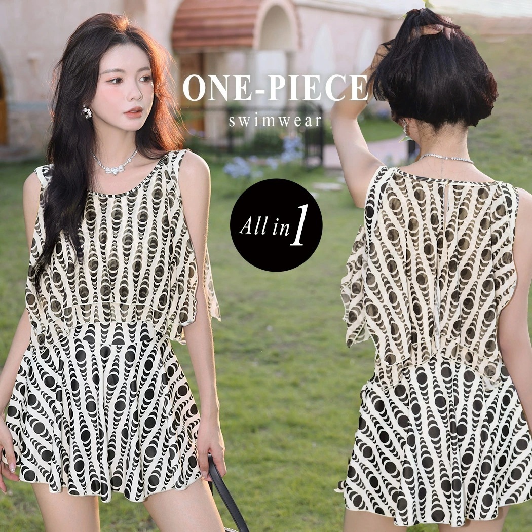 水着 レディース ワンピース 体型カバー水着 オールインワン 大人 30代 40代 50代 60代 ミセス ママ水着 モノトーン 胸元 フレア ミニ Aライン モード ラウンドネック 背中 スリット