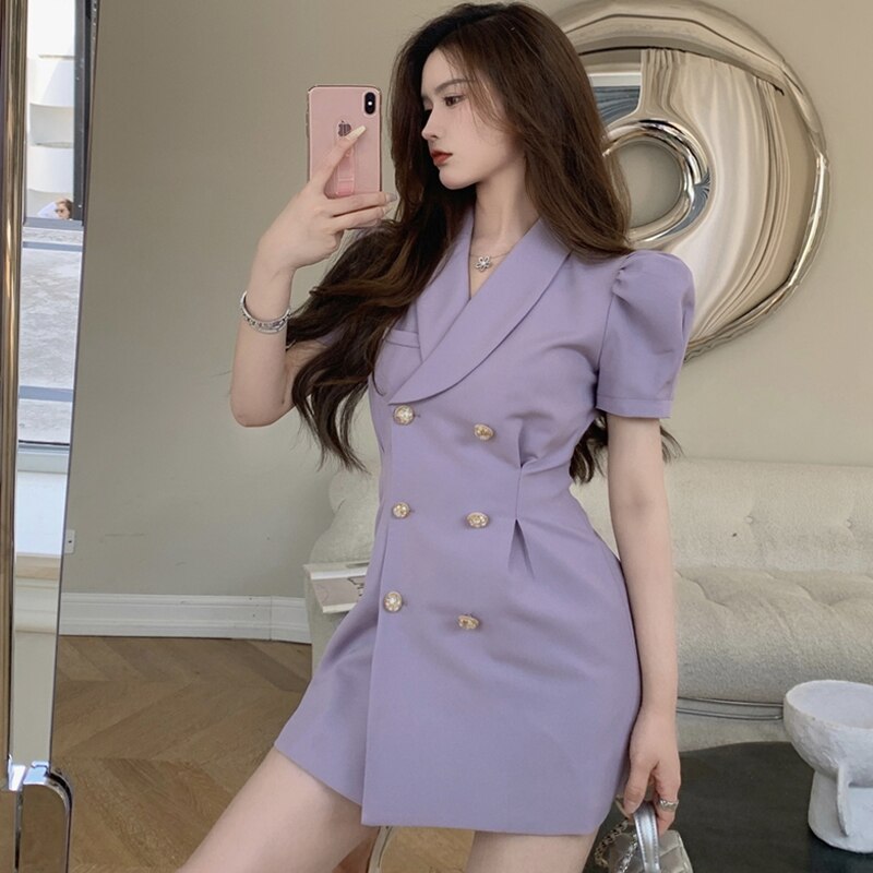 半袖 スーツワンピース パープル ショート丈 ダブルブレスト 気質 春夏 ファッション 通勤ol 半袖ミニ 膝丈ワンピ 特価商品 Www Quartzhotel Mx