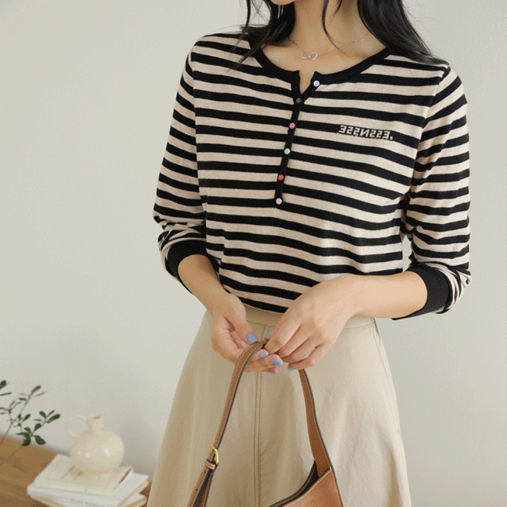 Click & Funny イエローボタンストライプニット