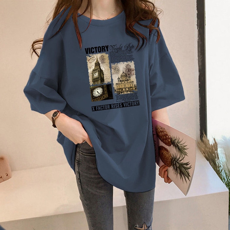 Tシャツ トップス ビッグTシャツ レディース オーバーTシャツ ゆるTシャツ チュニックシャツ ビッグシルエット 半袖 5分袖 ドロップショルダー ロングシャツ プリント 青 黄色 赤 白 黒