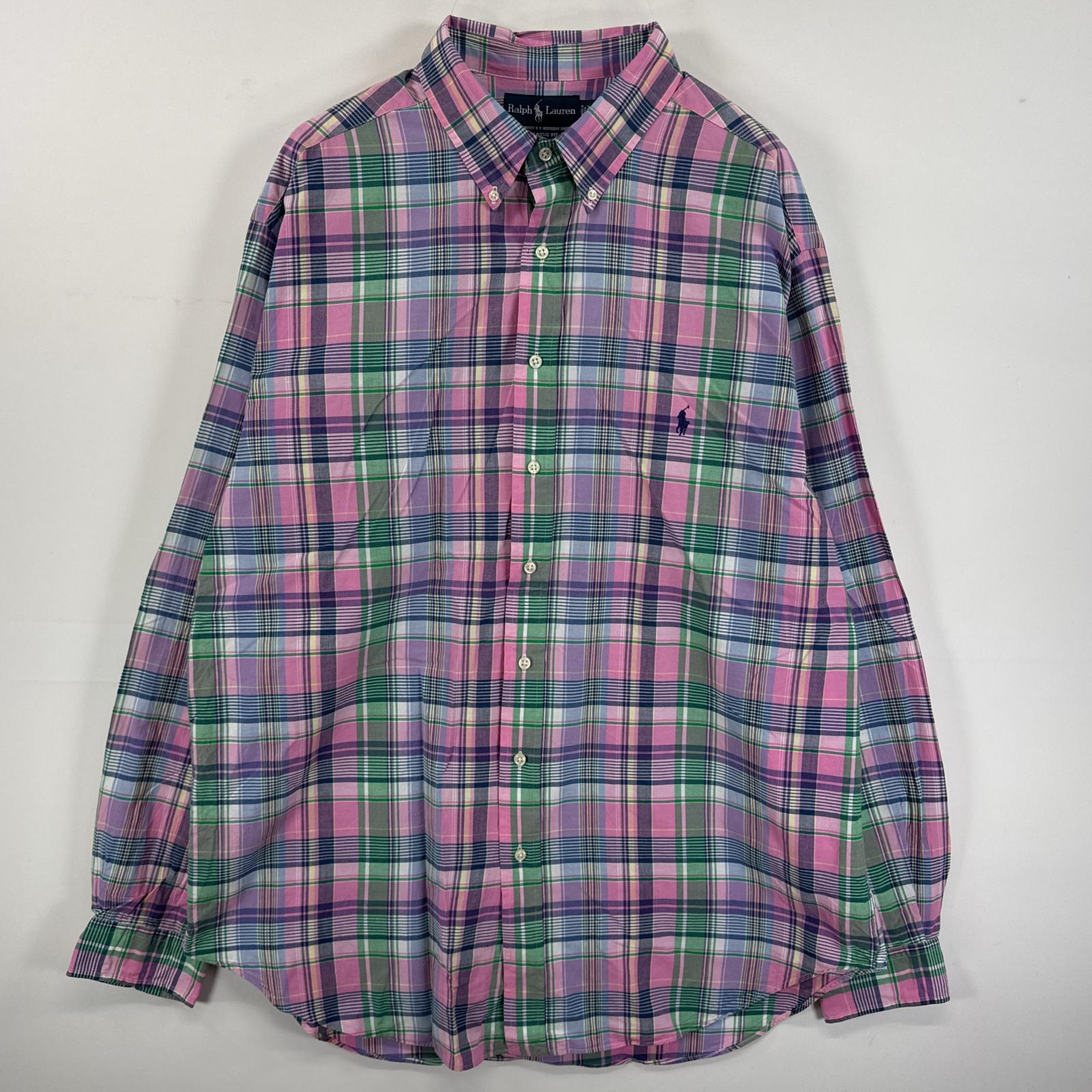 古着 長袖シャツ マルチカラー ボタンダウンシャツ 大きいサイズ ワンポイント 2XLT TALL ピンク系 チェック メンズ