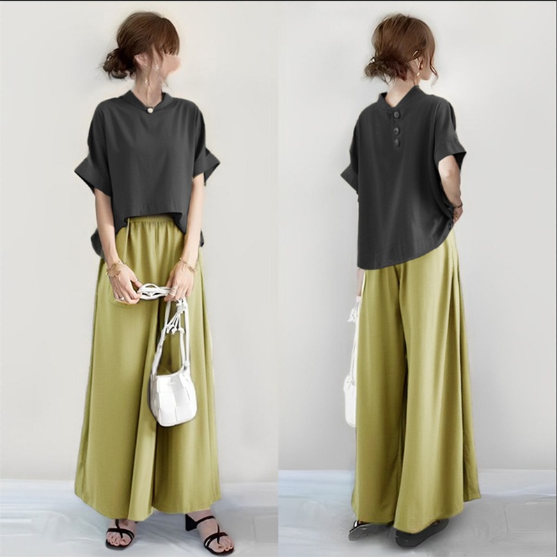 【SNSで話題沸騰】 絶対欲しい シンプル ラウンドネック 半袖 Ｔシャツ パンツ 無地 ギャザー 2点セット