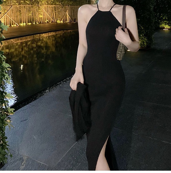 ワンピース ロングスカート 膝下 ロング ロング丈 ノースリーブ ホルターネック スリム タイト 細身 かわいい 大人可愛い シンプル 大人 上品 おしゃれ お洒落 大人女子 こなれ感 ラブリー