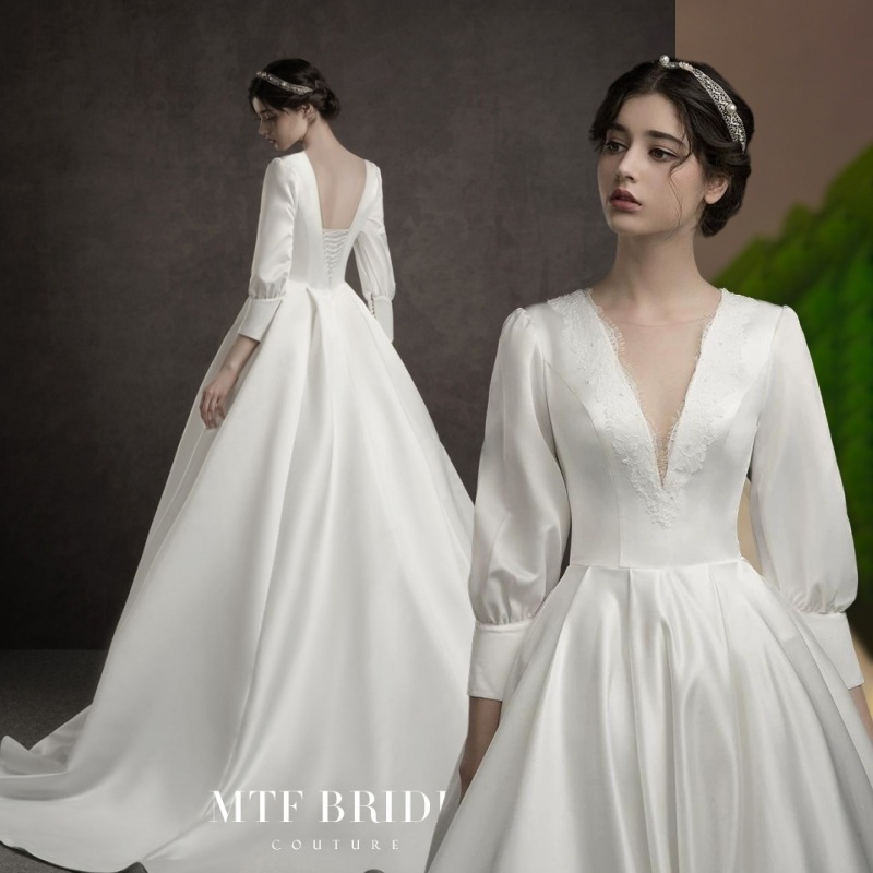 【 前撮り ドレス ワンピース 】 ウェディングドレス 袖あり 白 総レース シースルー ワンピース 結婚式 披露宴 後撮り 二次会ドレス 花嫁ドレス ウエディング 長袖 トレーンライン ナチュラル