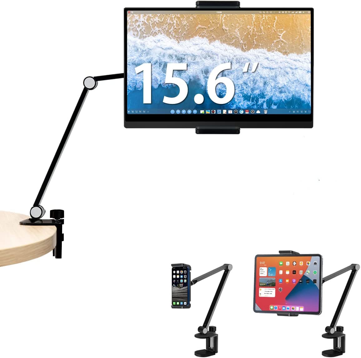 アーム スタンド タブレット ホルダー スマホ アーム 15.6インチ対応 クランプ式 6関節 360度回転 アルミ製 安定 高さ調節 折りたたみ モバイルモニタースタンド 耐荷重1kg iPad ホ