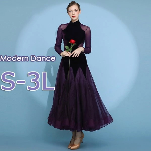大ヒット 社交ダンス衣装 モダンドレス パープル 紫 ダンス衣装 社交ダンス レディース ダンスウエア ワルツダンス服 社交ダンスドレス ロング丈 華やか ゴージャス ステージ衣装 舞台服 ワルツ タ