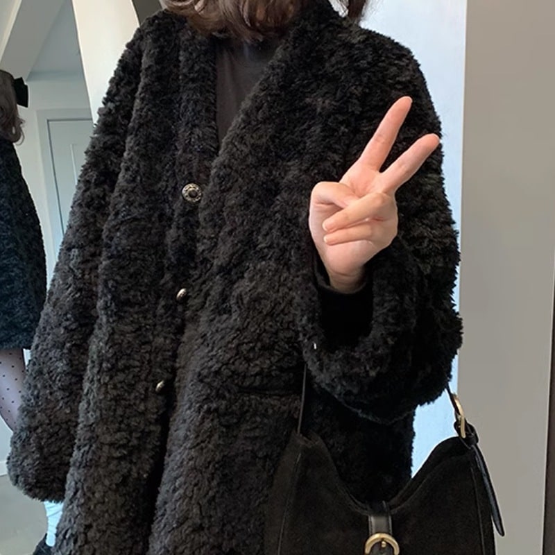 スペードマキアートブラックゆったりVネック毛羽コート女性エコ毛羽厚手コートラッシュ