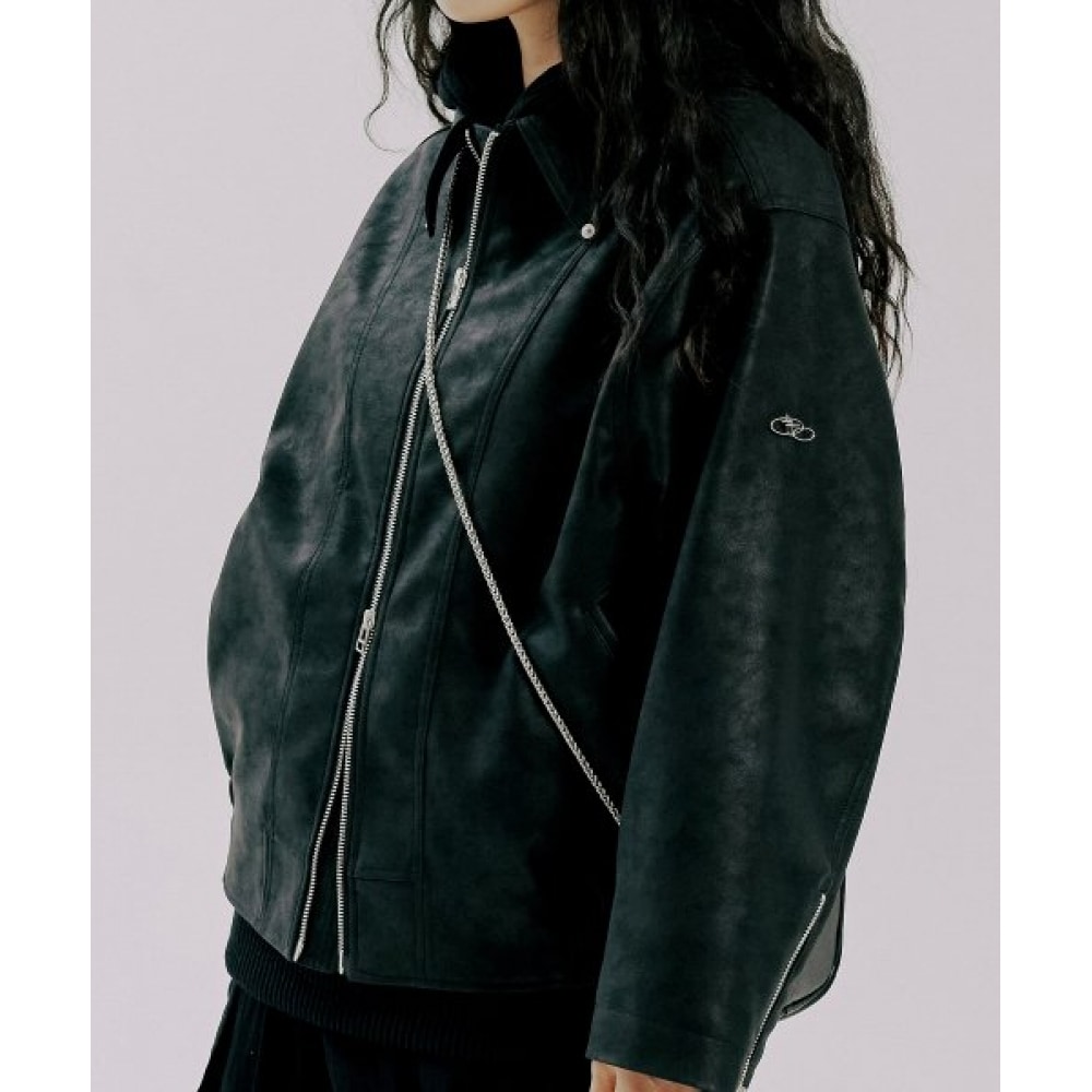 ロマンティッククラウンビーガンレザーシングルライダージャケット_ブラック