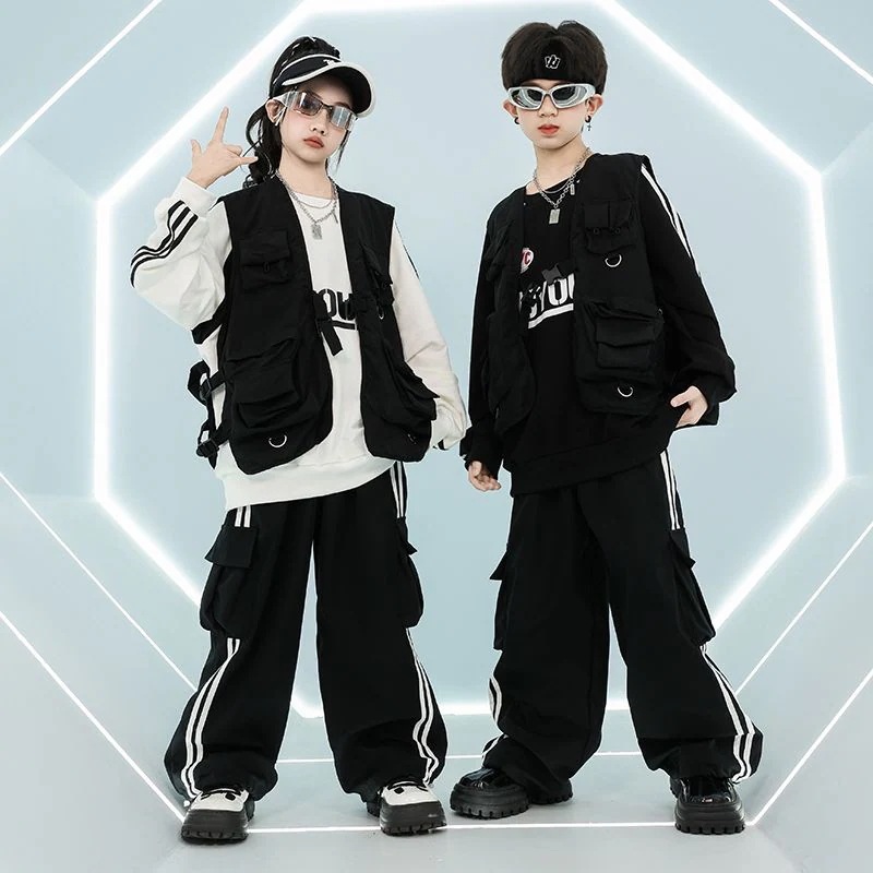 街舞児童潮服ヒップホップセット男女童クールかっこいい戦術工装馬甲架子鼓hiphop演技服