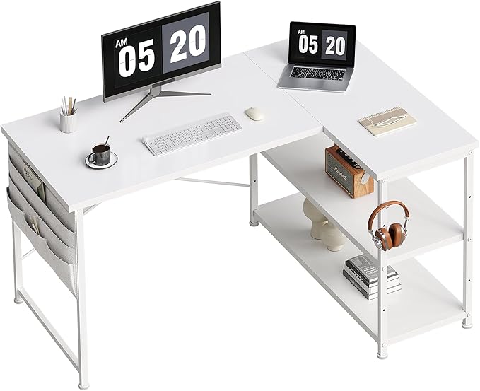 l字デスク ゲーミングデスク デスク 幅120cm pcデスク コーナーデスク 棚板高さ調節可能 収納袋付き L字型 PC 勉強机 作業 在宅勤務 リモートワーク ゲーム 書斎 収納ラック付き 白い