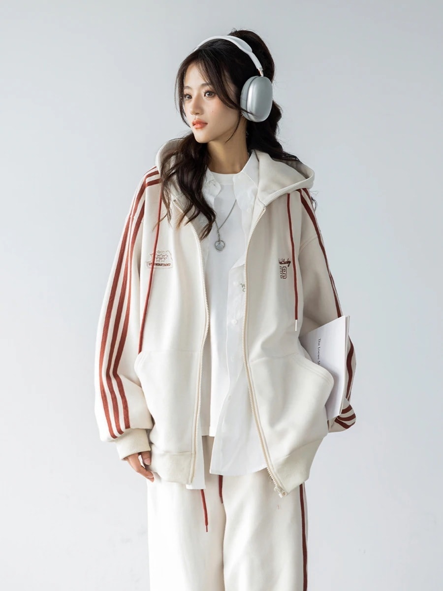 長袖スーツ 秋冬 2点セット トップスパーカー フード付き チャック韓国羽織り ショート丈 フルパーカー ルーズ サイド上下ボトムス ストレート系冬 ゆったりサイズワイドシルエットリラックストラック長