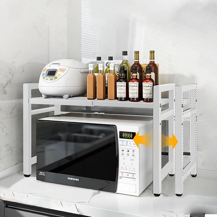 レンジ上ラック 電子レンジラック 伸縮式 幅38.4-60cm 棚板高さ調節可 ホワイト