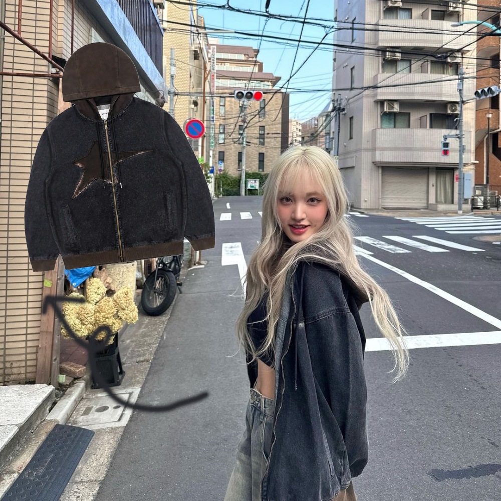 [IVEのLIZ着用商品!] XTT061 Vintage Washing Star Denim Hooded Zip-Up(2COLORS) 12,464円