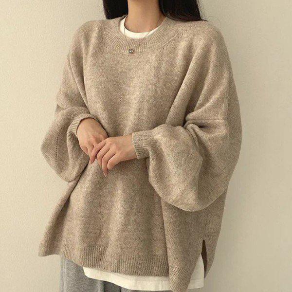 女性の秋のカジュアルオーバーフィット横スリットニット LDW KN SSIS614 ライトベージュ_P375421392