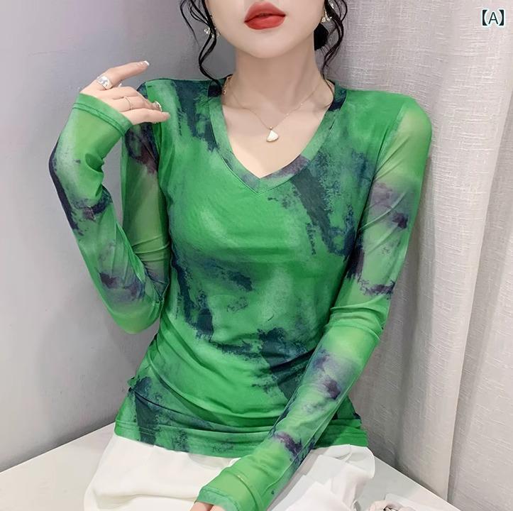 トップス レディース 長袖 タイダイ 染め 韓国 春秋 タイト おしゃれ ファッション プリント vネック Tシャツ 大きいサイズ グリーン ブルー
