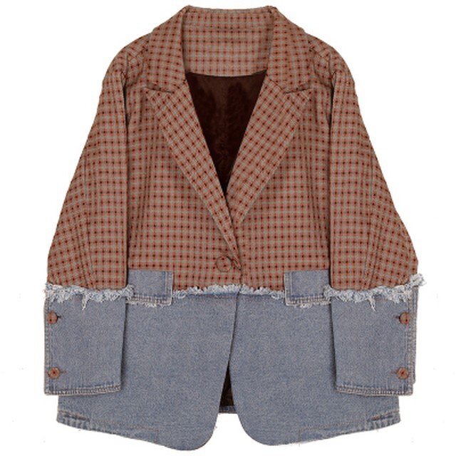 【送料無料】レディース ジャケット デニムステッチ チェック柄 長袖 スーツジャケット