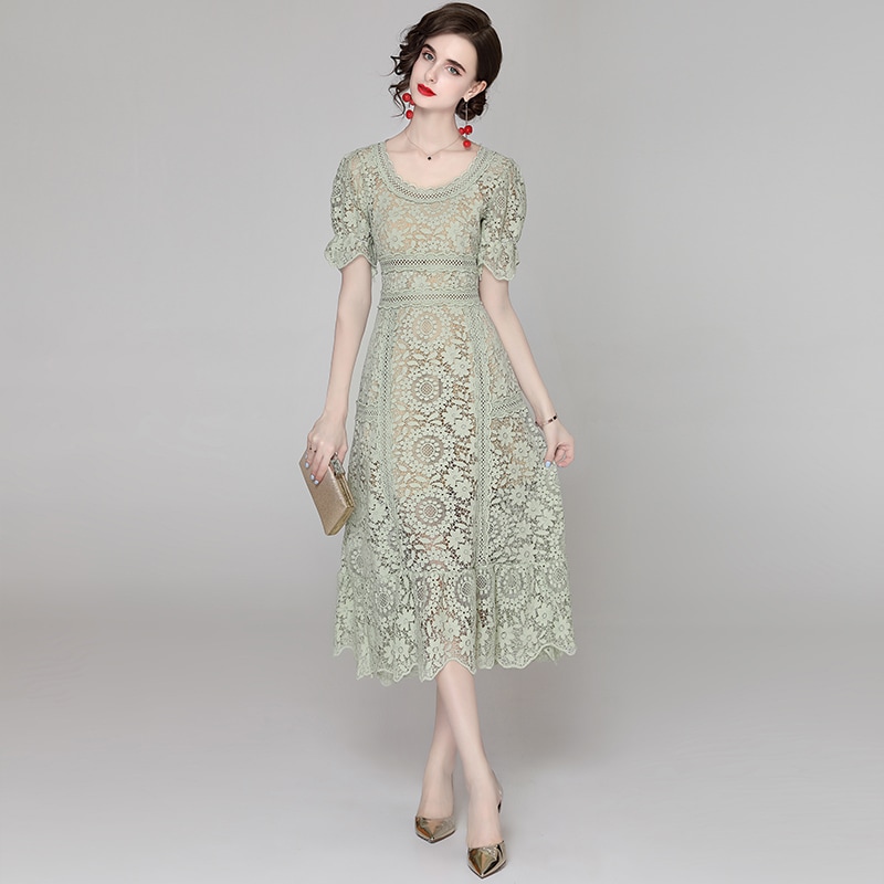 レディース ワンピース ミモレ ミモレ丈 半袖 ラウンドネック Aライン レース 透け感 シースルー