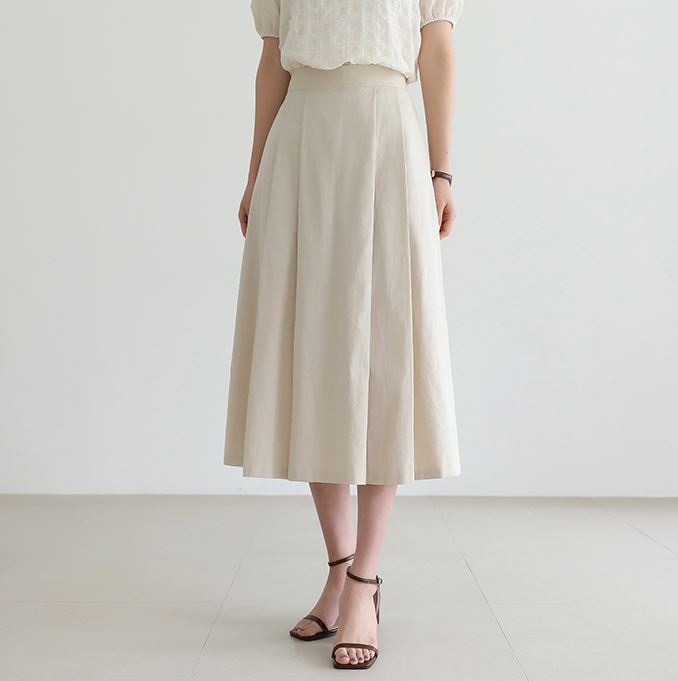 [韓国ファッション] バックウエストゴムで楽な リネン プリーツ ロングスカート