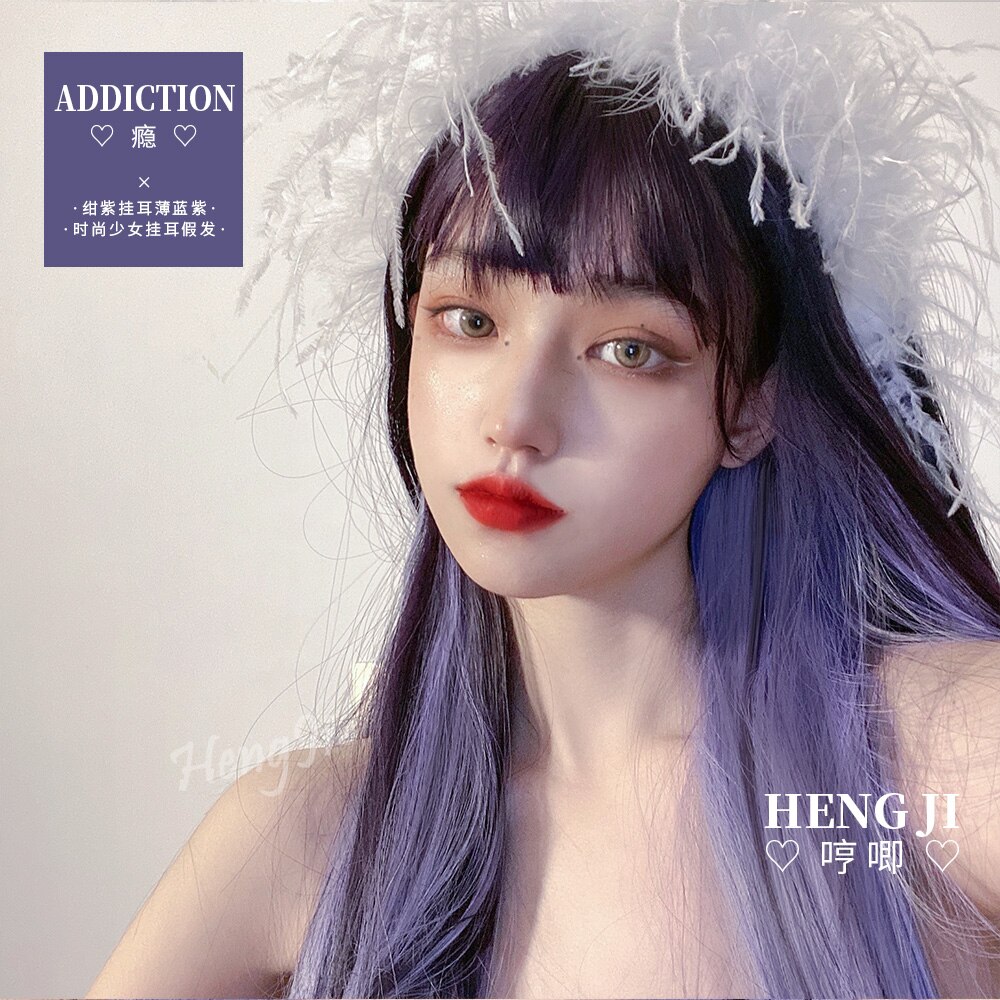 ウィッグ女性のロングストレートヘアフェイスハイライトローロングヘアガールカラーパープルラウンドフェイ