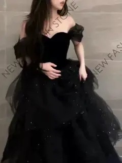 ワンショルダーブラックイブニングドレス女性2024新成人式宴会