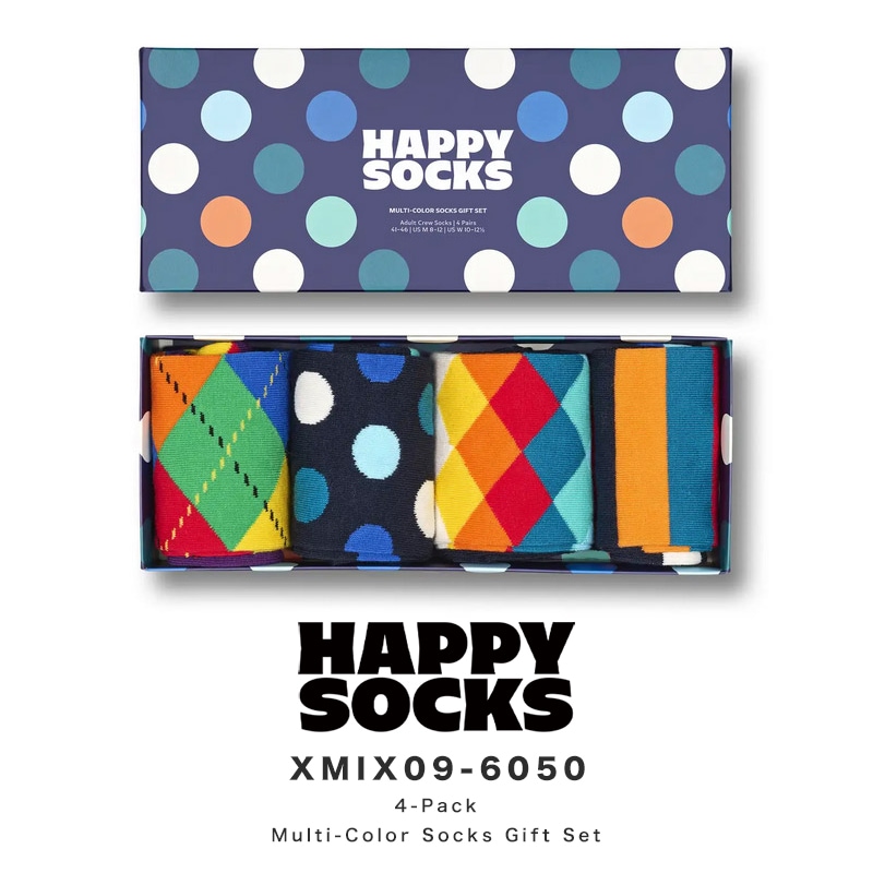 Happy Socks 靴下 レディース メンズ クルー丈 おしゃれ ブランド 4足セット ギフトボックス 綿混 ドット アーガイル柄 ネイビー 紺