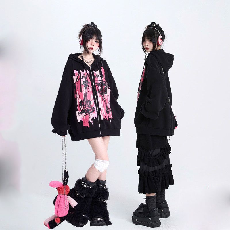 ジャケット フード付きスウェットジャケット女性春と秋の衝突プリントジッパールーズトップコートジャケット 5,639円