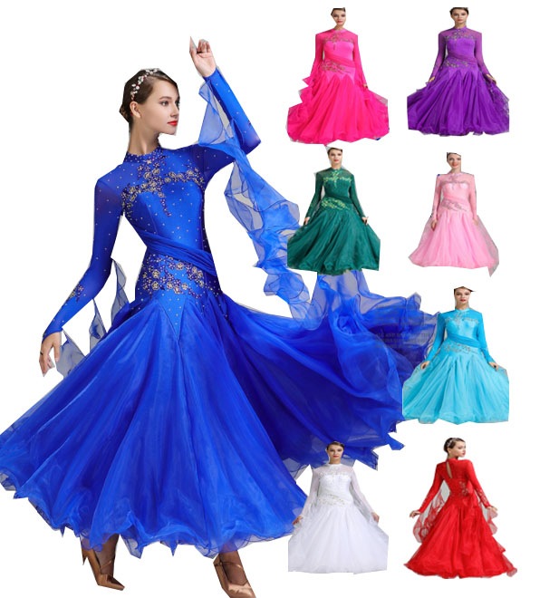 モダンドレス　新作ゴージャズな社交ダンスドレス　リボンボリュームラテンワルツ衣装　スパンコールキラキラ舞台ステージ服　競技着 練習服　レッスン着　発表会舞台演出服　インターナショナルダンス衣装ダンス