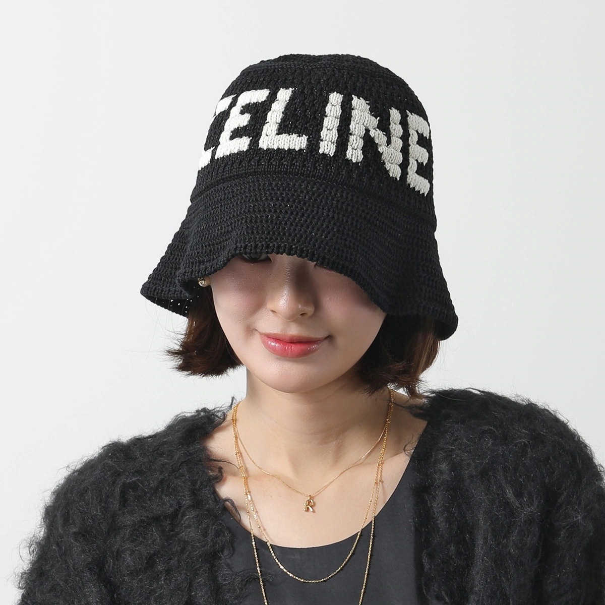 CELINE セリーヌ バケットハット 2AE5S817X.38EC レディース クロシェ ニット帽 かぎ針編み コットン ロゴ 帽子 ブラック
