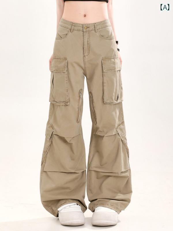 ワイドレッグ　パンツ　レディース MJMT 自家製 アメリカン レトロ マルチ ポケットの 夏の 女性用 オーバー オール ストレート レッグ カジュアル ワイド パンツ