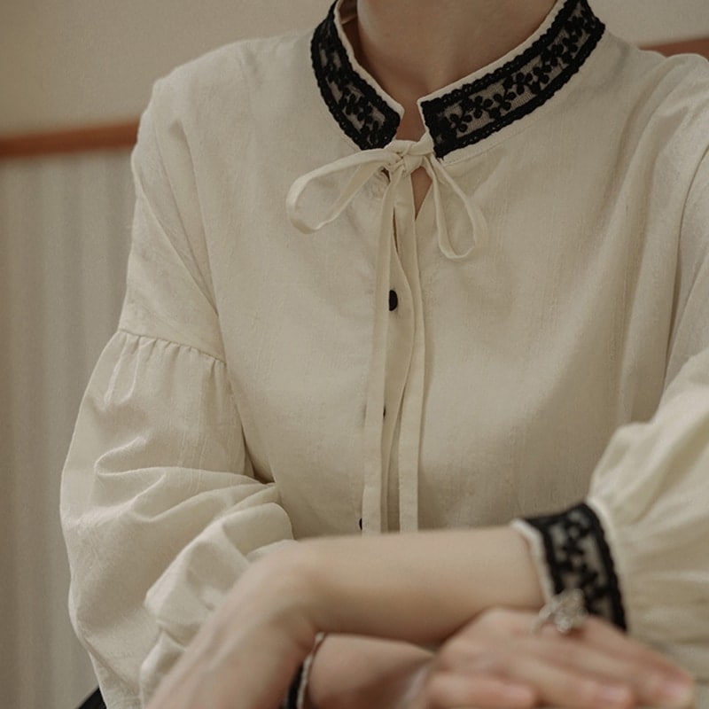 【快速出荷】チャイナ風 トップス リボンシャツ レディース スタンドカラーシャツ ブラウス レース切り替え ランタンスリーブ オリジナル モダン オフィスカジュアルシャツ・ブラウス