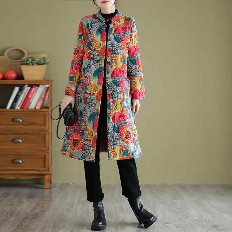 レディース ファッション 服 オシャレ カワイイ シンプル 大人カワイイ 大きいサイズ コットン リネン プリント ベルベット 厚手 コットンコート ミドル丈 スリム スタンドカラーコットン コート