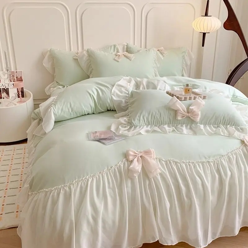フランスのプリンセススタイルの寝具セット,フリルレース,掛け布団カバー,ロマンチックな寝具,女の子の寝室の装飾
