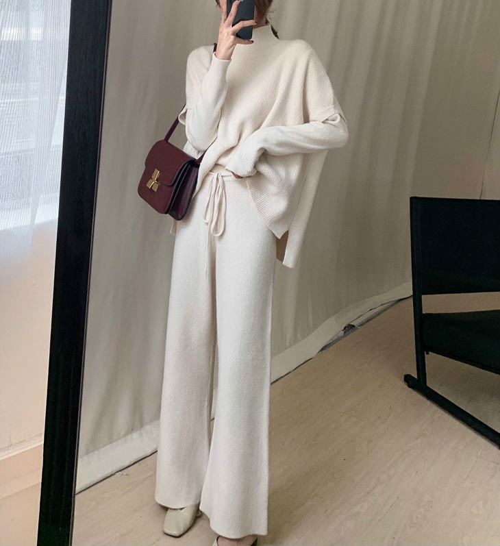 長袖 ハイネック ワイドレッグパンツ ニットパンツ ＋ 長袖セーター ＋ トップス 3点セット レディース