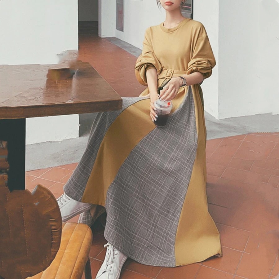 ロングワンピース 春 異素材フレアワンピ