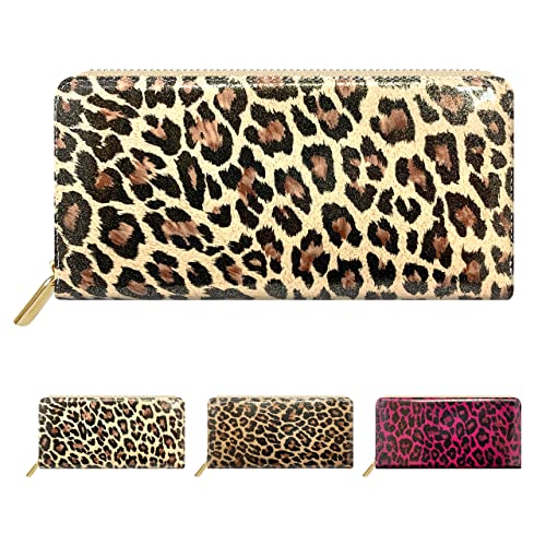 [] 長財布 レディース 本革 財布 メンズ ラウンドファスナー ウォレット ロングウォレット カード収納 小銭入れ 革 牛革 レオパード アニマル柄 レザー カーフレザー ヒョウ柄 エナメル アイボ