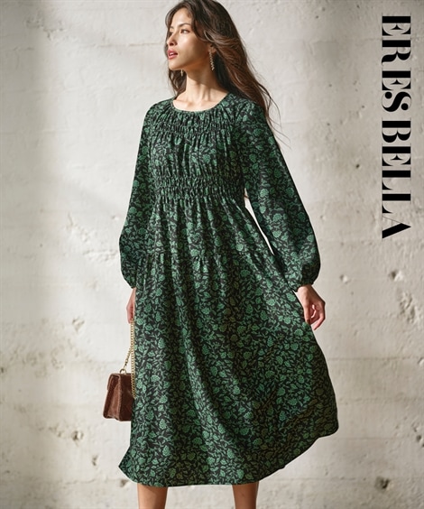 ロング・マキシ丈/半袖 プリントシャーリングワンピース ERES BELLA