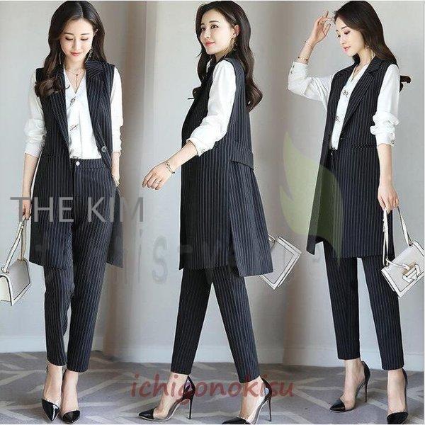パンツスーツ レディース パンツ セットアップ ベスト ロングベスト ロング丈 ジレ パンツ テーパードパンツ