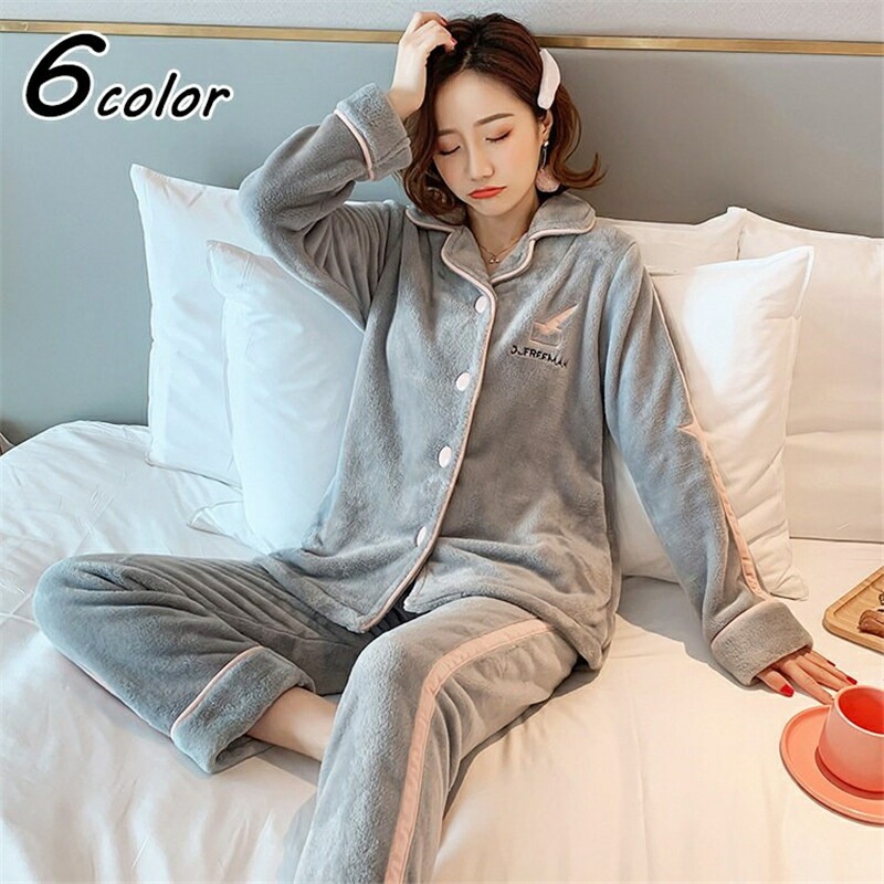 パジャマ モコモコルームウェア レディース 秋冬 長袖 パジャマ前開きフランネル ルームウェア 暖かい 上下セット 可愛い 厚手パジャマ 女性 部屋着 ギフト