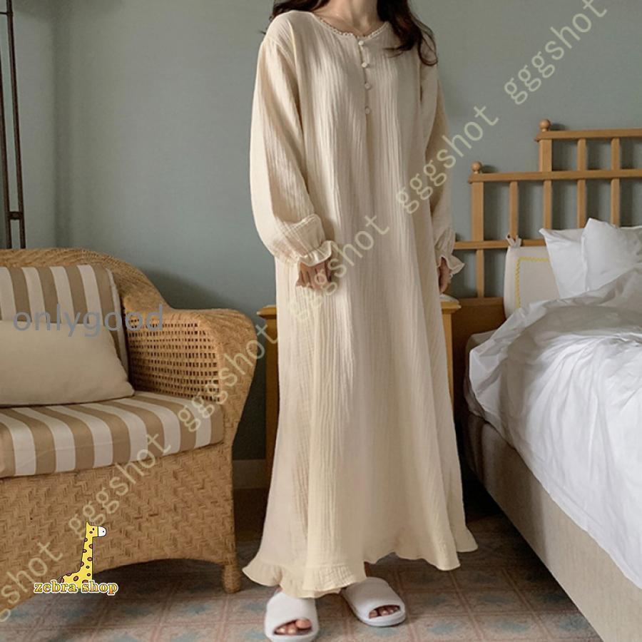 パジャマ ワンピース 綿 レディース ネグリジェ 長袖 春夏 ルームウェア ダブルガーゼ 通気性 肌に優しい 暖かい ゆったり 厚手 シンプル 秋 女性 マタニティ