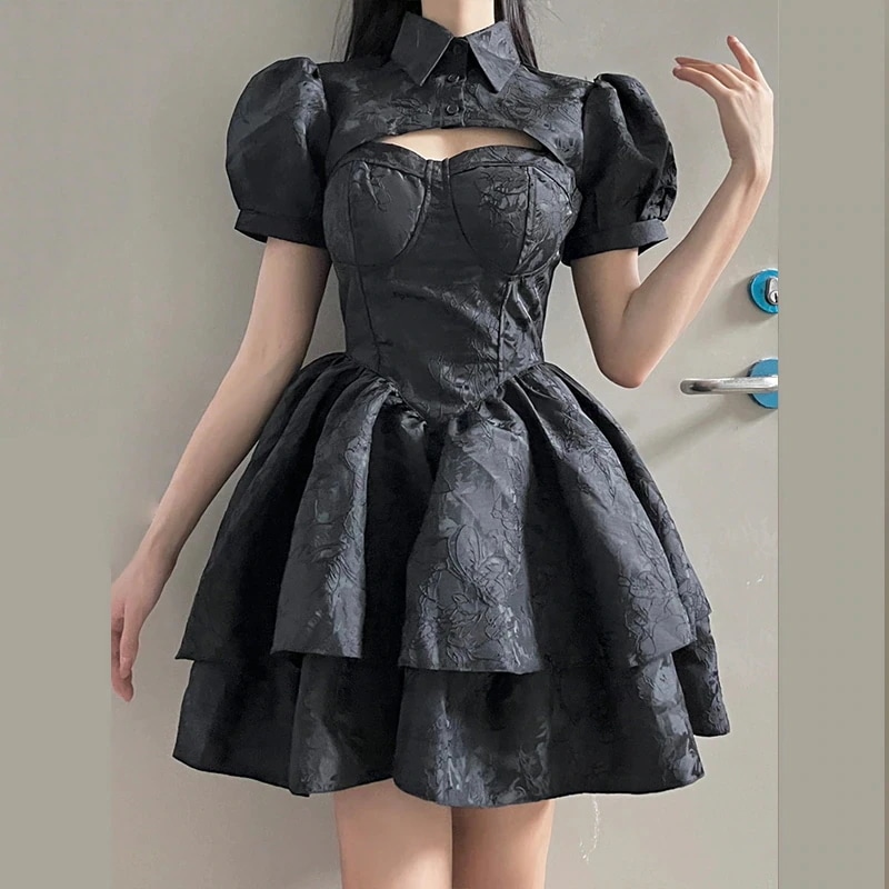 【快速出荷】ゴスロリ ワンピース ジャガード ロリータワンピース 黒色 ミニ丈 カップ付きキャミソールワンピース+肩掛トップス パンク系ファッション ドレス ハロウィン コスプレ コスチューム jsk