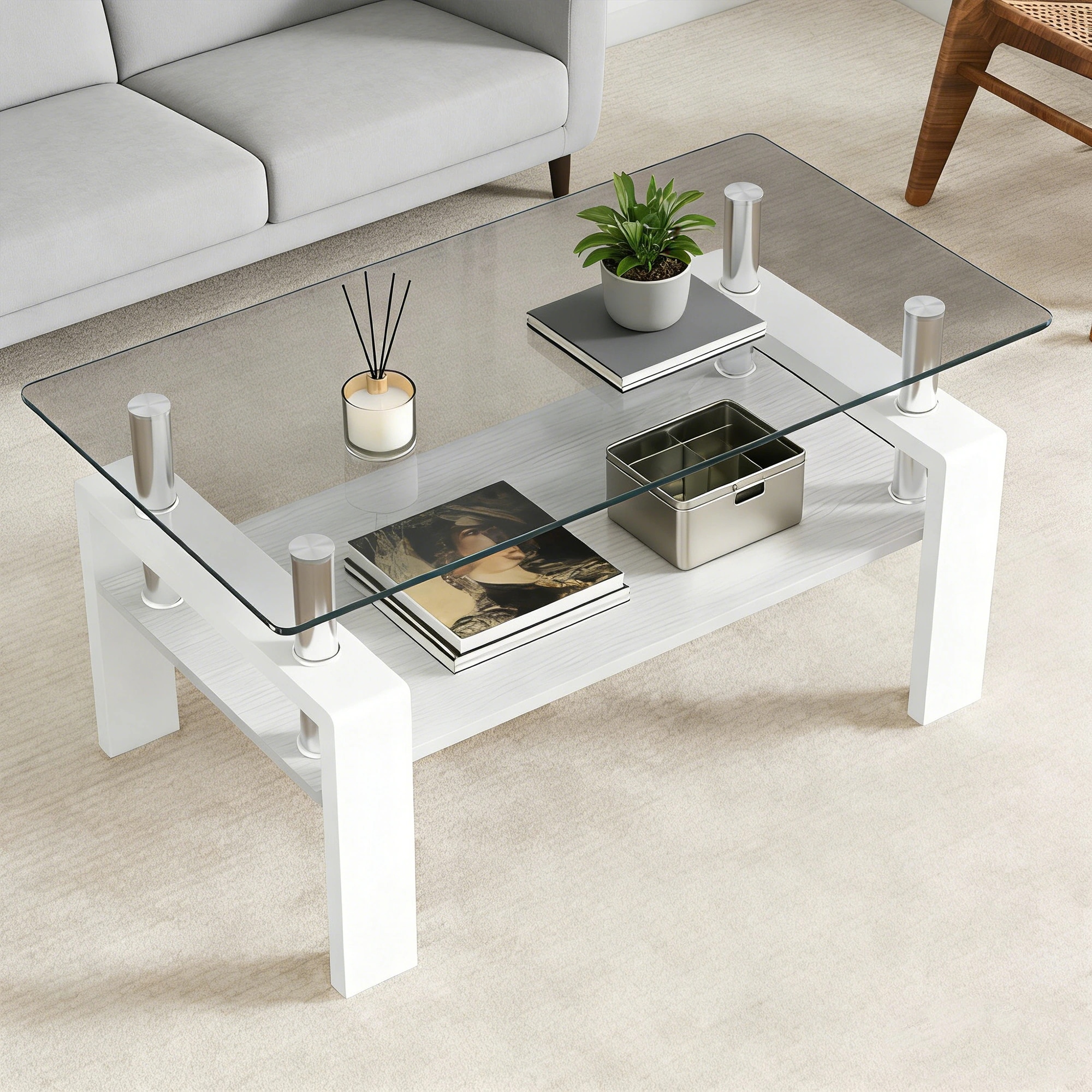 モダン長方形コーヒーテーブル 強化ガラス天板+MDF収納棚 リビング用 グレーガラス+ホワイト脚