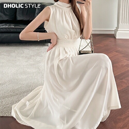 [メガ割りSALE]ボウタイネックシャーリングノースリワンピース・p538257