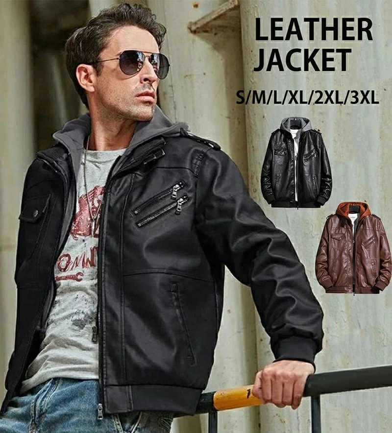 革ジャン メンズ PUレザージャケット フード付き コート 大きいサイズ S-4L 秋冬春用 ライダース おしゃれ 防風 leather jacket フード着脱可能!