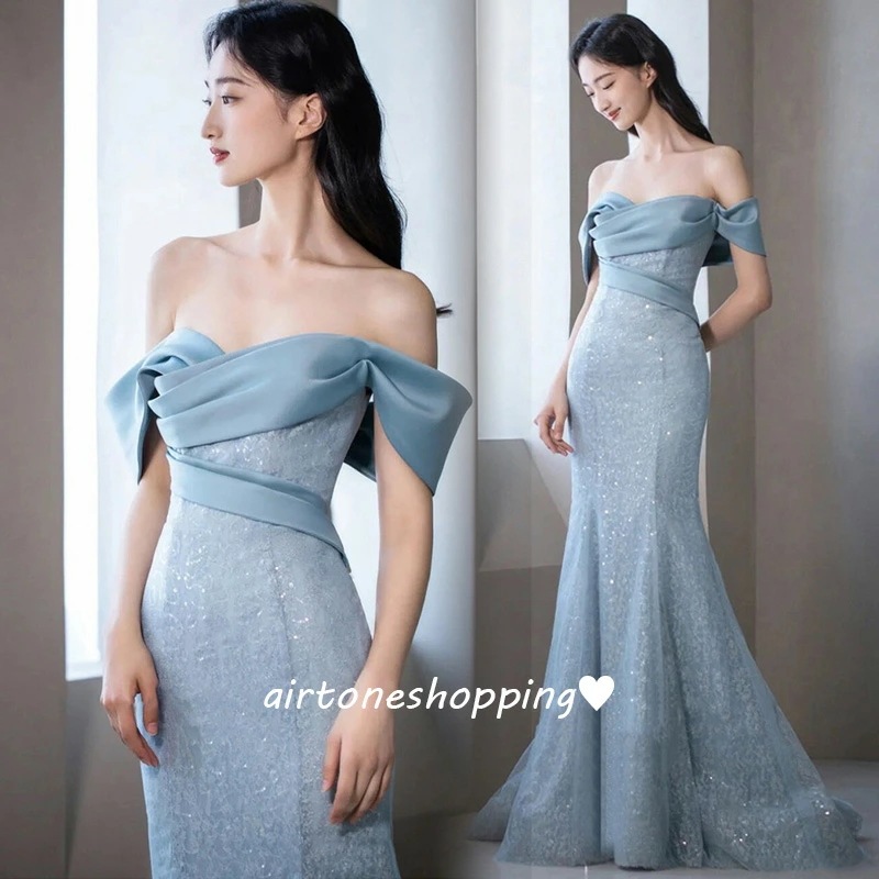 マーメイドドレス イブニングドレス オフショルダー ブルー スパンコール キラキラドレス 発表会ドレス ロングドレス マーメイドライン サテン パーティードレス オフショル XS S M L XL X