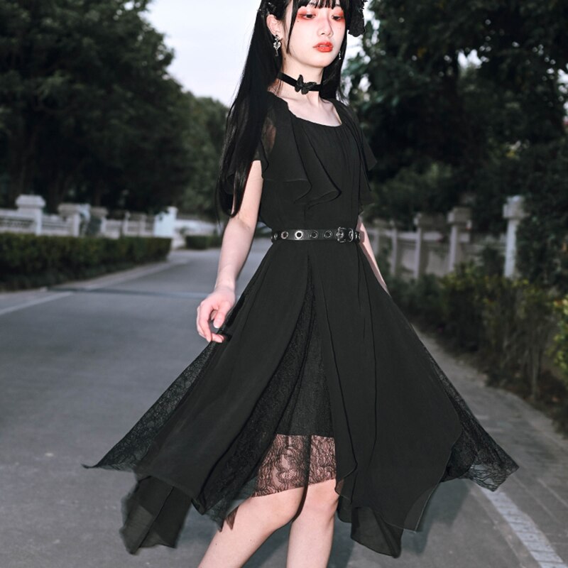 スクエアネックワンピース 夏 レースワンピース 半袖 切り替えワンピース 黒 通勤 デート