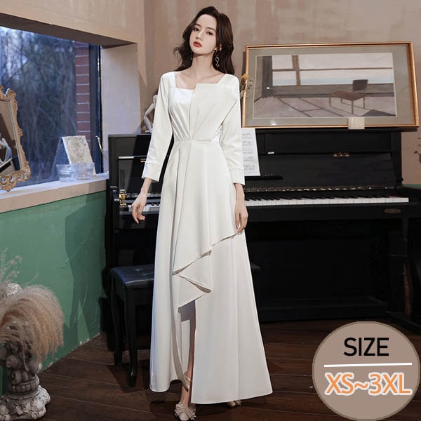 ロングドレス ワンピース レディース 結婚式 母親 ドレス 大人 ピアノ 発表会 長袖 ホワイト パーティードレス フォーマル 結婚式 成人式 演奏会用ドレス 袖付き アシンメトリー 大きい サイズ