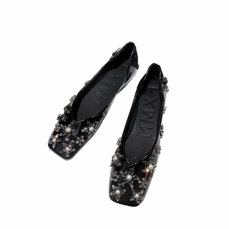 1000円OFFクーポン パンプス 痛くない 歩きやすい ラインストーン フラット ローヒール スクエアトゥ 入園式 卒園式 立ち仕事 おしゃれ 大きいサイズ キラキラ おしゃれ 履きやすい フラット