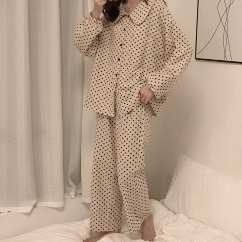 ３color パジャマ ルームウェア セットアップ ２点セット ドット柄 水玉 リボン 襟付き